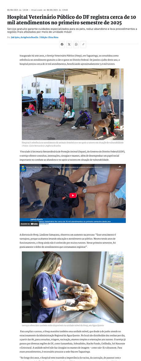 Hospital Veterinário Público do DF registra cerca de 10 mil atendimentos no primeiro semestre de 2025