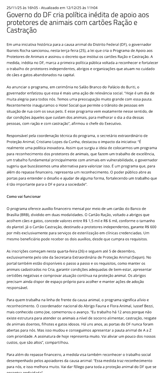 Governo do DF cria política inédita de apoio aos protetores de animais com cartões Ração e Castração