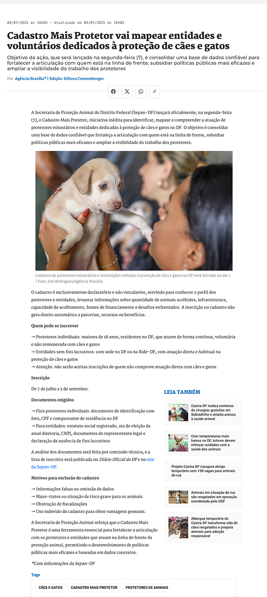Cadastro Mais Protetor vai mapear entidades e voluntários dedicados à proteção de cães e gatos